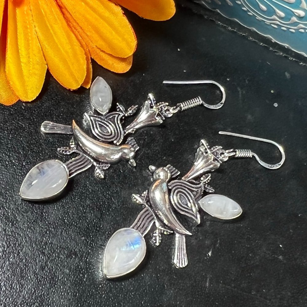 Rainbow Moonstone Earrings Long Handmade Gemstone Crystal 925 Silver Bohemian - Picture 2 of 9
